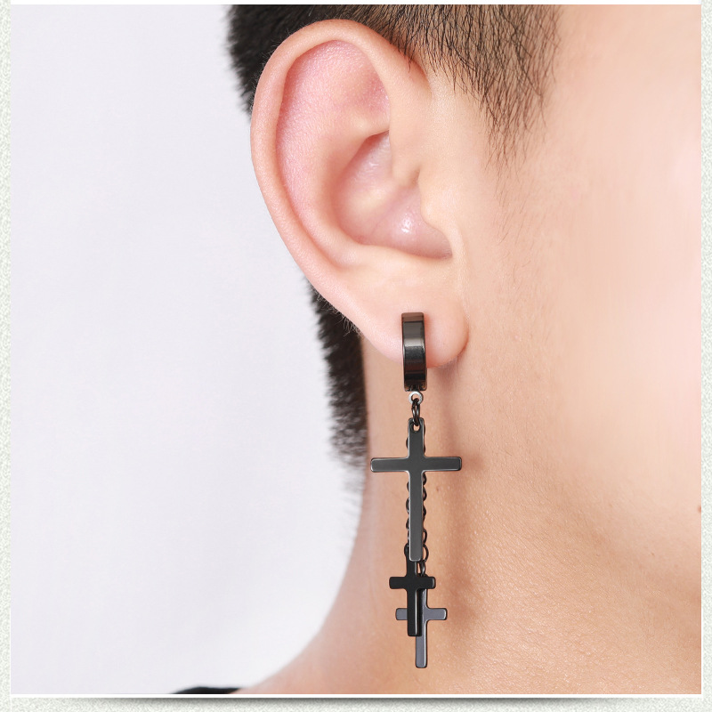 Clip On Cross Earrings On Guys Men 14K Gold Cross Earrings