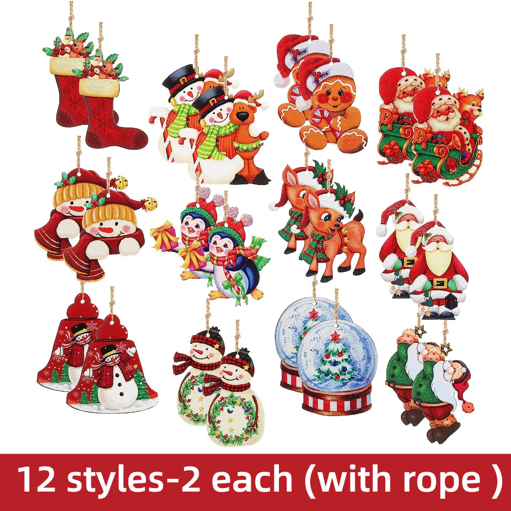 TEMU 24pcs, Wooden Christmas Santa Claus Crystal Ball Snowman Hanging Decoration Pendant For Outdoor Festival Party Gift (with Rope)