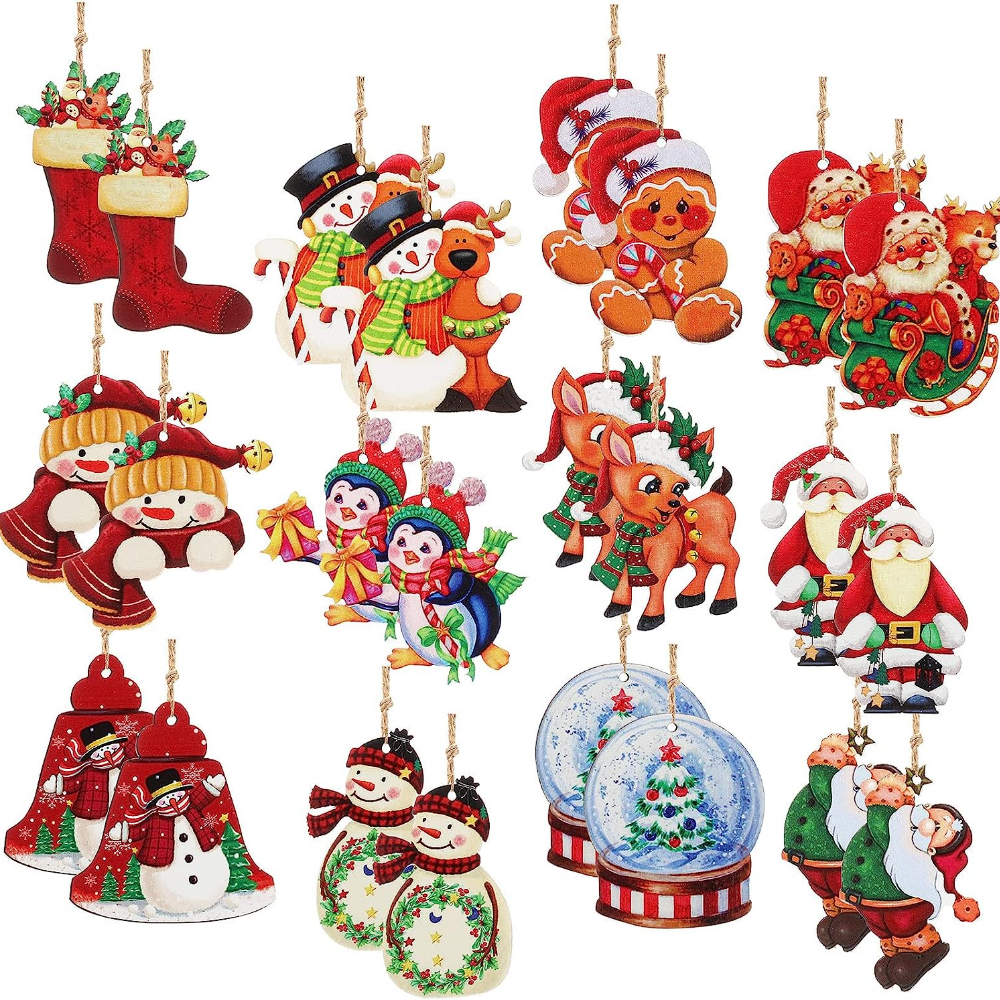 

24pcs, Wooden Christmas Santa Claus Crystal Ball Snowman Hanging Decoration Pendant For Outdoor Festival Party Gift (with Rope)