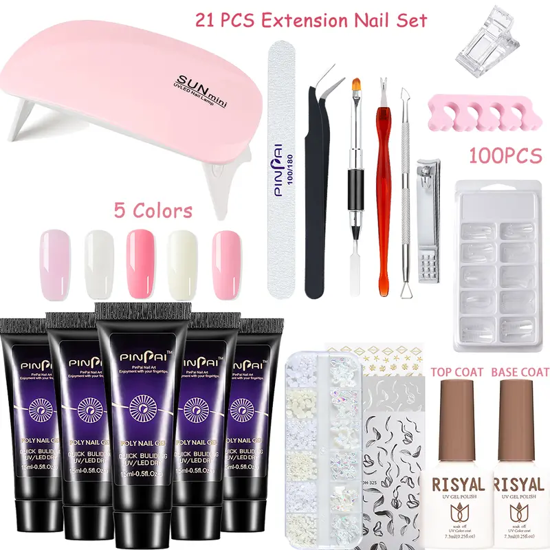 21pcs 20pcs gel extension nail kit 5 colors fake nail gel with led uv mini mouse lamp machine nail polish dryer for women girls all in one manicure kit for starter salon and home diy nail art gift details 0