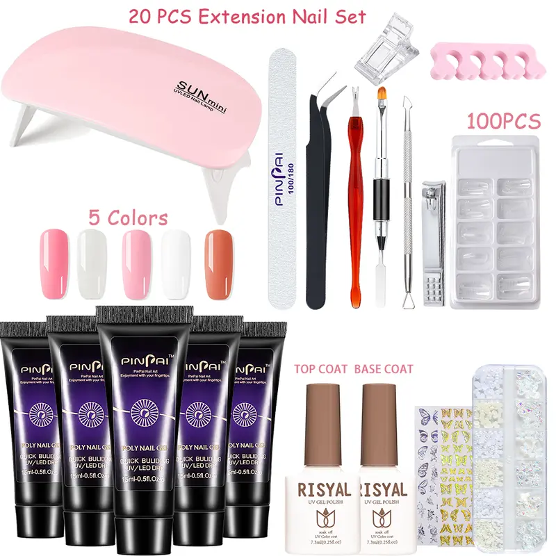 21pcs 20pcs gel extension nail kit 5 colors fake nail gel with led uv mini mouse lamp machine nail polish dryer for women girls all in one manicure kit for starter salon and home diy nail art gift details 1