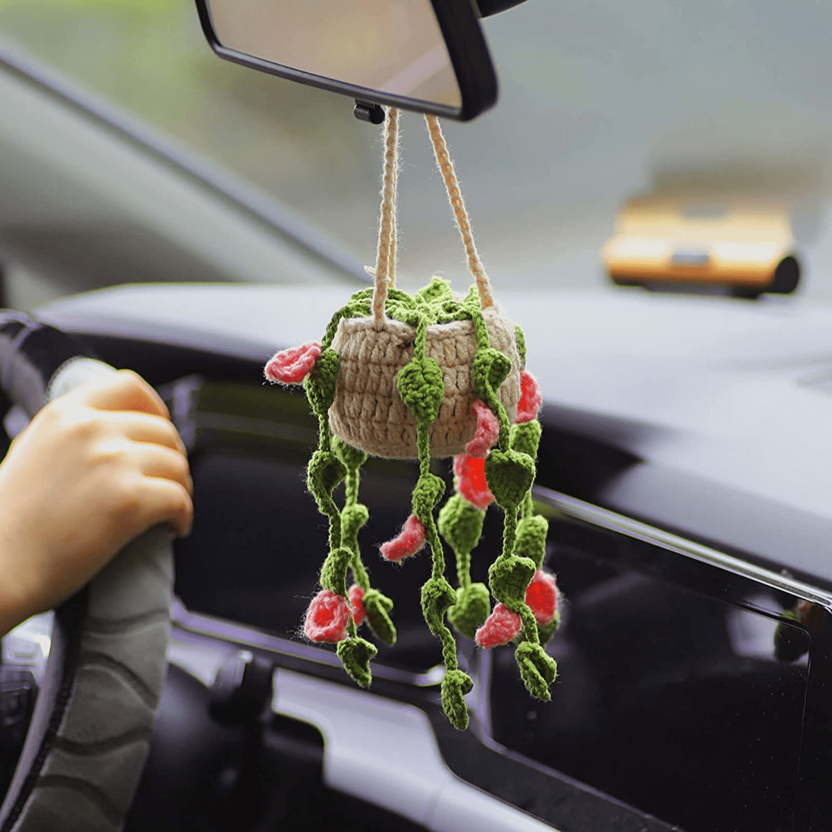Auto-Spiegel-Häkelpflanze, kompakte Topfpflanzen-Anhänger für Autospiegel