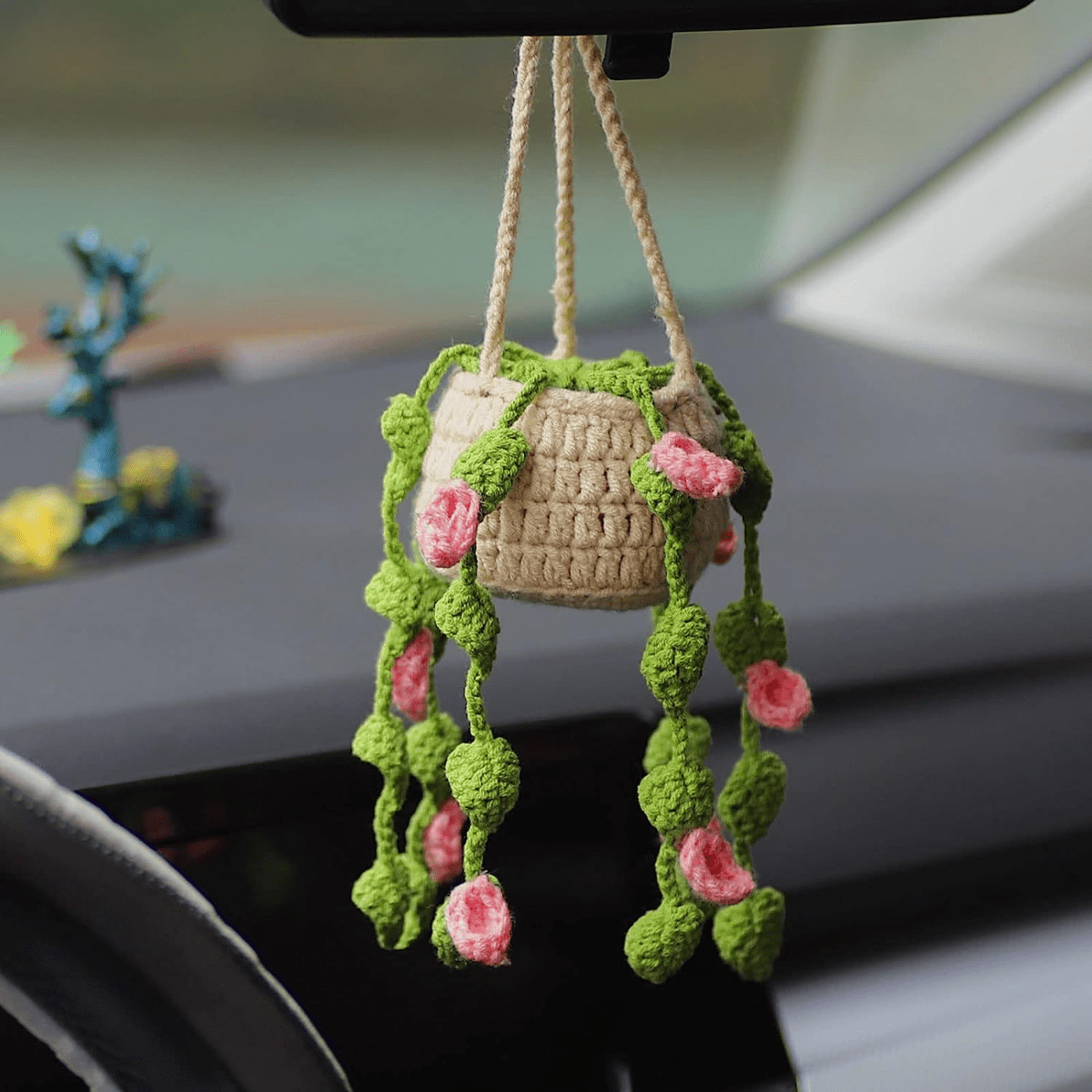 Niedliche Häkelpflanze Autospiegel hängendes Zubehör, Boho handgemachtes  Rückspiegelzubehör für Frauen, grünes Auto Innenraum ästhetisches Dekor LKW  Hänger