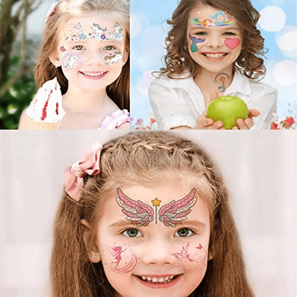 Tatuajes temporales para niños (80 unidades), tatuajes de sirena con  purpurina de unicornio y mariposa de Konsait para niños y niñas,  suministros de