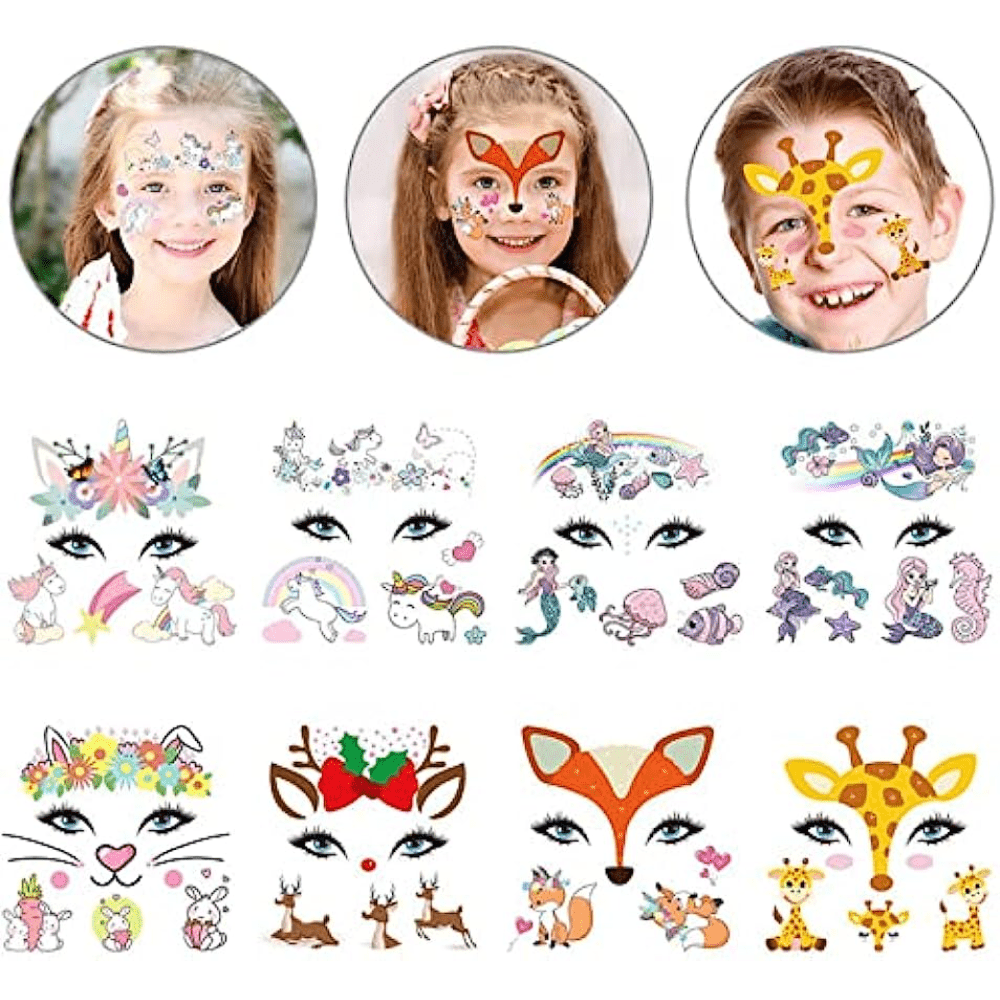  Tatuajes temporales para niños (80 unidades), tatuajes de  sirena con purpurina de unicornio y mariposa de Konsait para niños y niñas,  suministros de fiesta de cumpleaños, accesorios de fiesta para niños