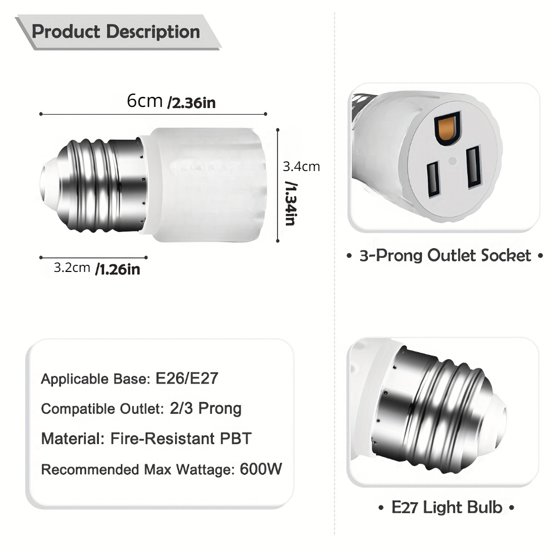 Adaptador de enchufe de luz de 3 puntas, enchufe de salida de rosca,  convertidor de bombilla E26 a enchufe, adaptador de enchufe de bombilla  para