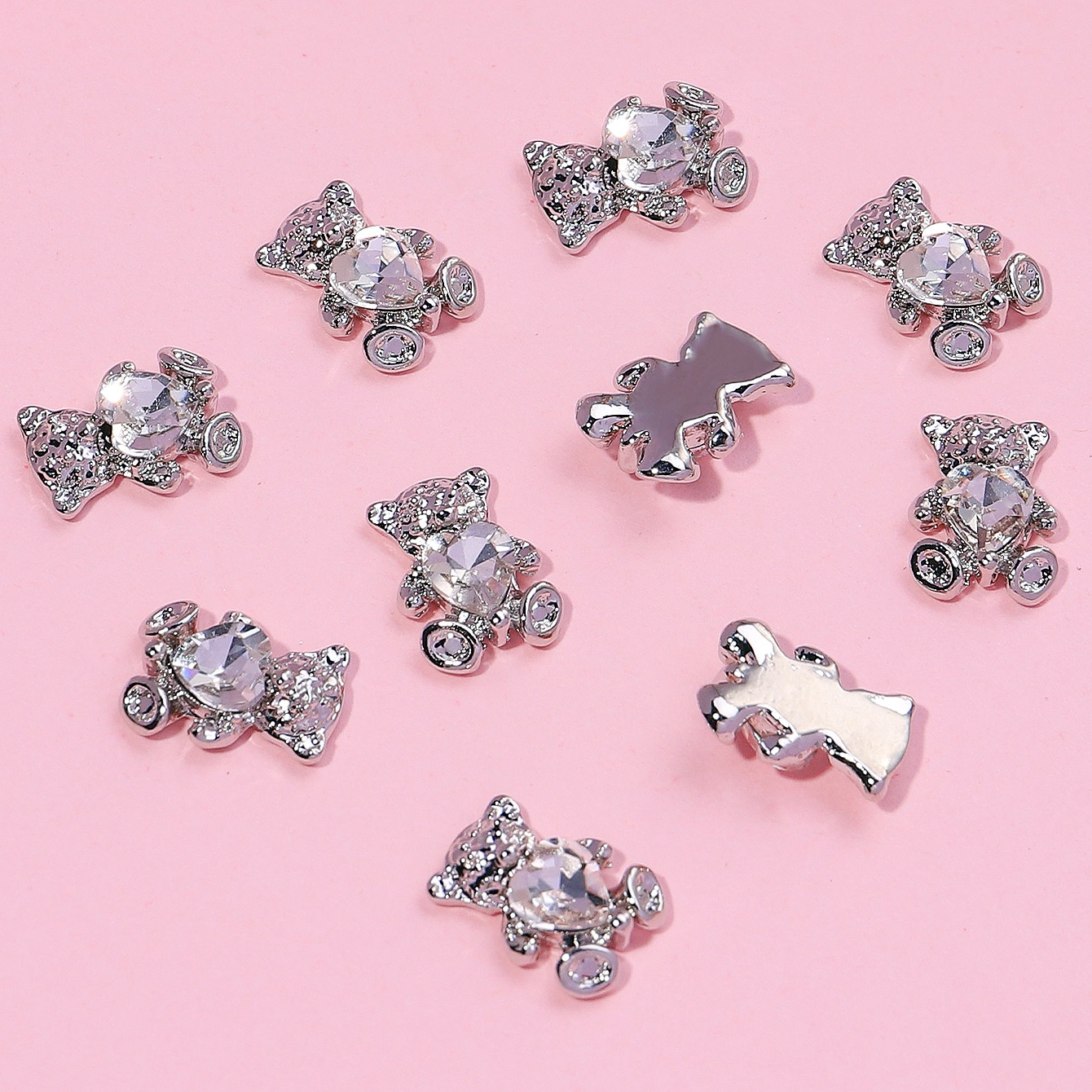 6 pcs Movable Silver Teddy Bear Charms with Rhinestones for Nails Art–  Dynamic Nail Supply