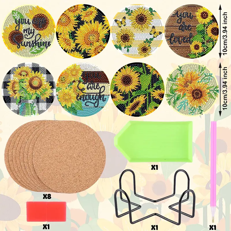 10pcs/Set DIY Diamond Painting Coasters with Holder Flowers Crystal  Rhinestones Sunflower Diamond Art Coasters for Adults