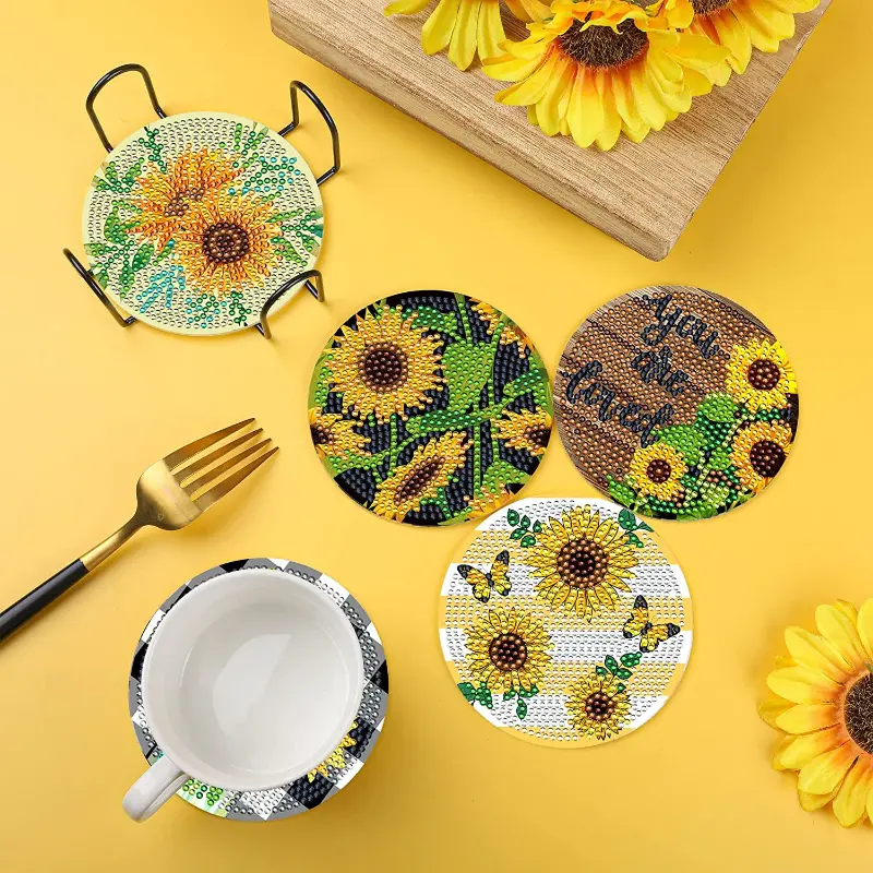 10pcs/Set DIY Diamond Painting Coasters with Holder Flowers Crystal  Rhinestones Sunflower Diamond Art Coasters for Adults