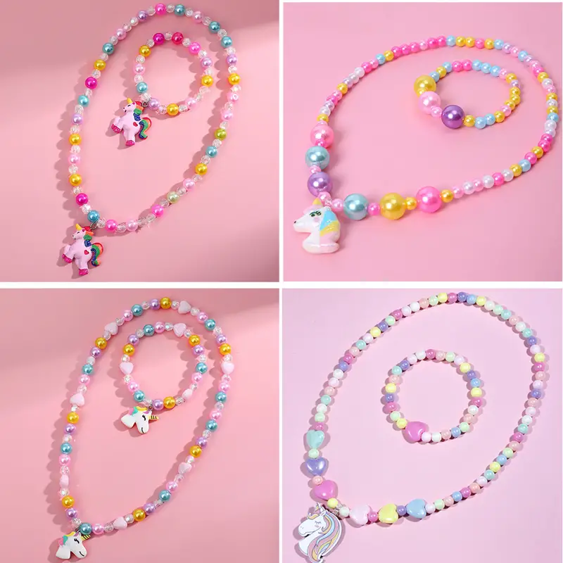 Temu Unicorn Series Colorful Stretchable Beaded Necklace & Bracelet Set for Little Girls Toddlers, Little Princess Jewelry, Jewels Accessories for Girls