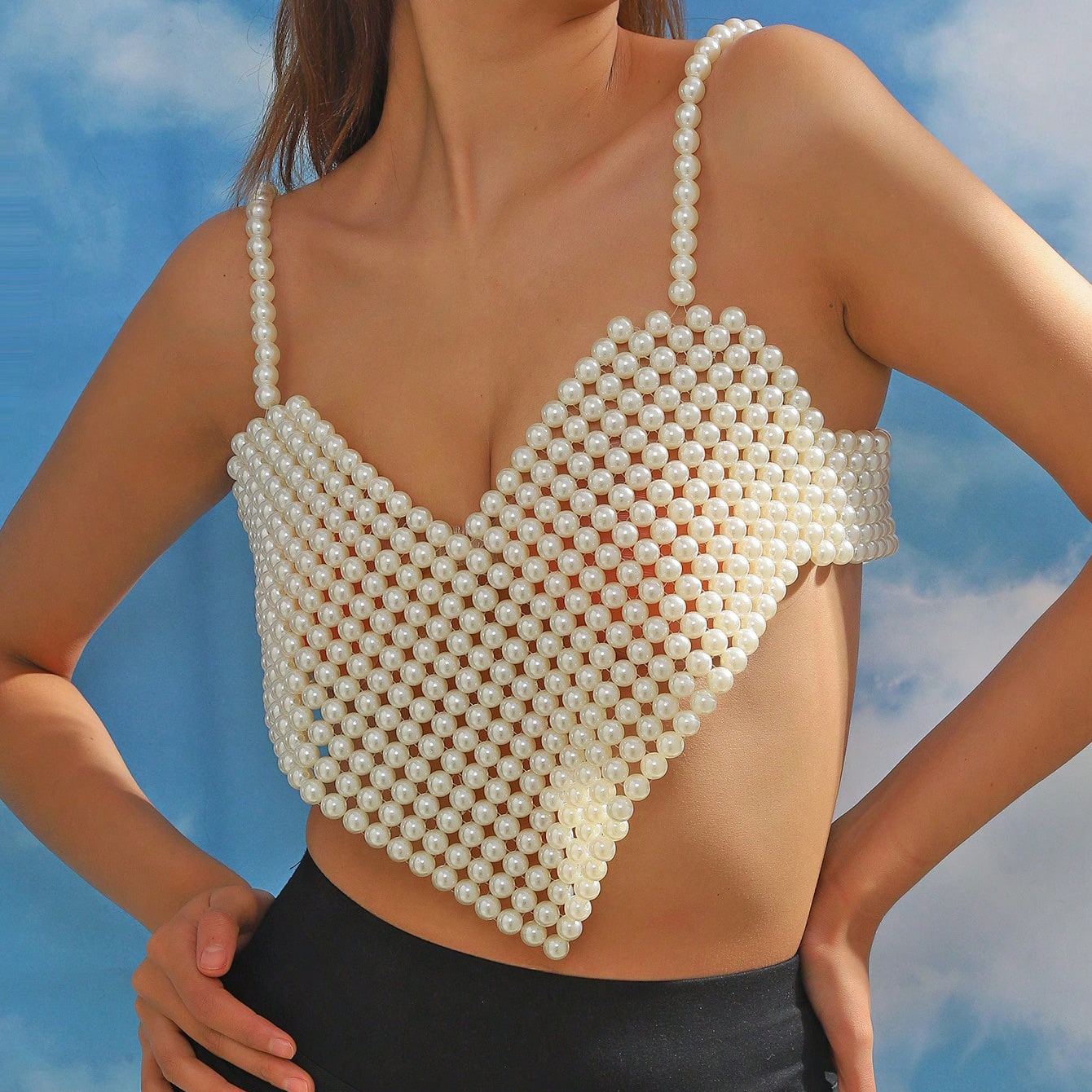 White Beads Pearl Crop Top, Body Jewelry