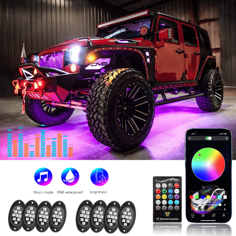 1set 4/6/8 In 1 Rgb Led Rock Lights Bluetooth-kompatible App-steuerung Musik -sync-auto-chassis-licht Undergolw Wasserdichte Neonlichter, Schnelle Und  Sichere Online-kasse