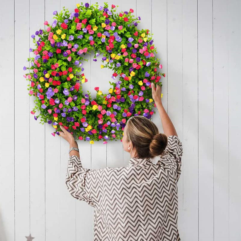 Spring Summer Wreath for Front Door Artificial Floral Door Wreath with  Vibrant Silk Flowers and Green Leaves for Home Farmhouse Holiday Decor 