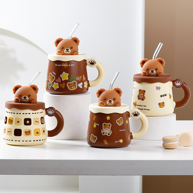 Bear Coffee Mug With Lid And Straw Ceramic Coffee Cups Cute - Temu