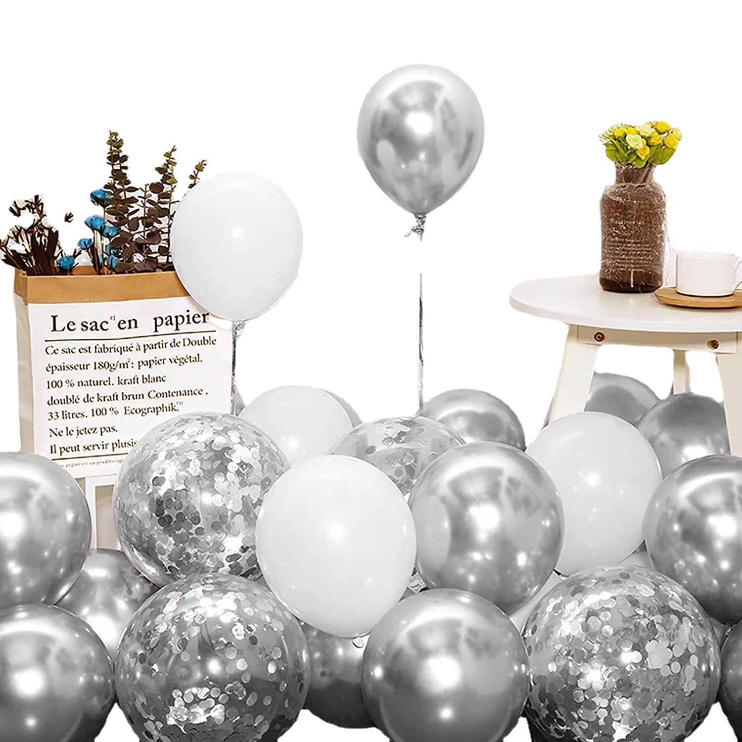 5 ballons transparents confettis blancs