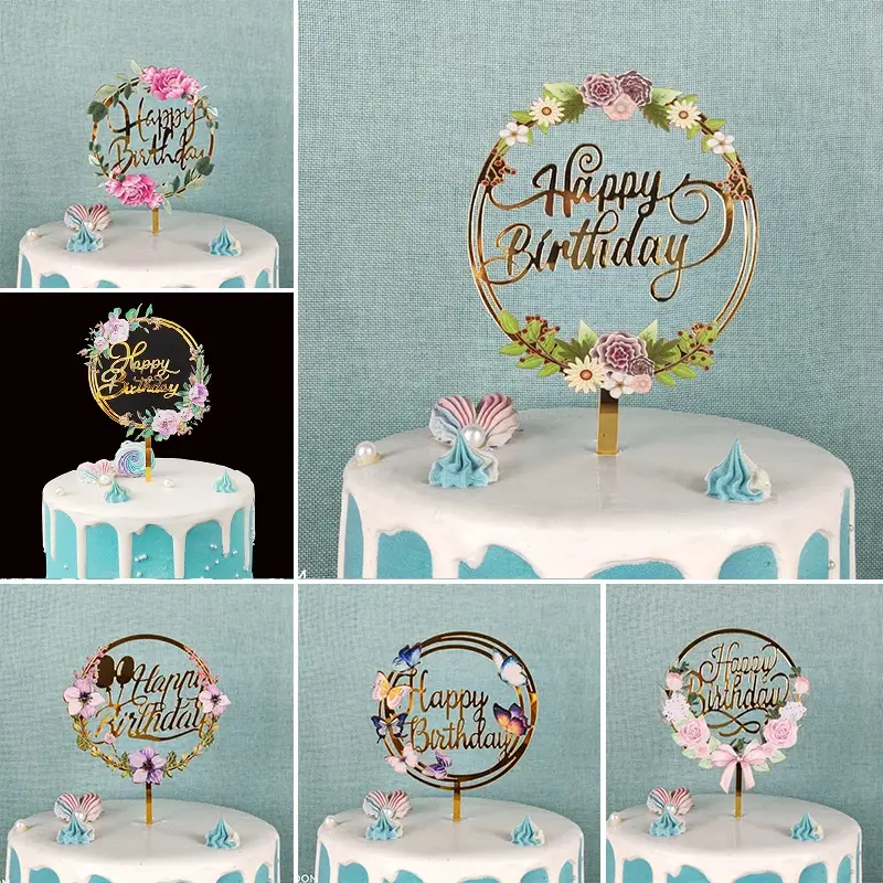 6Pcs Happy Birthday Cake Toppers, Flower Cake Toppers Acrylic Birthday  Cupcake Topper, Double-Sided Glitter For Birthday Party Anniversary Cake  Decora