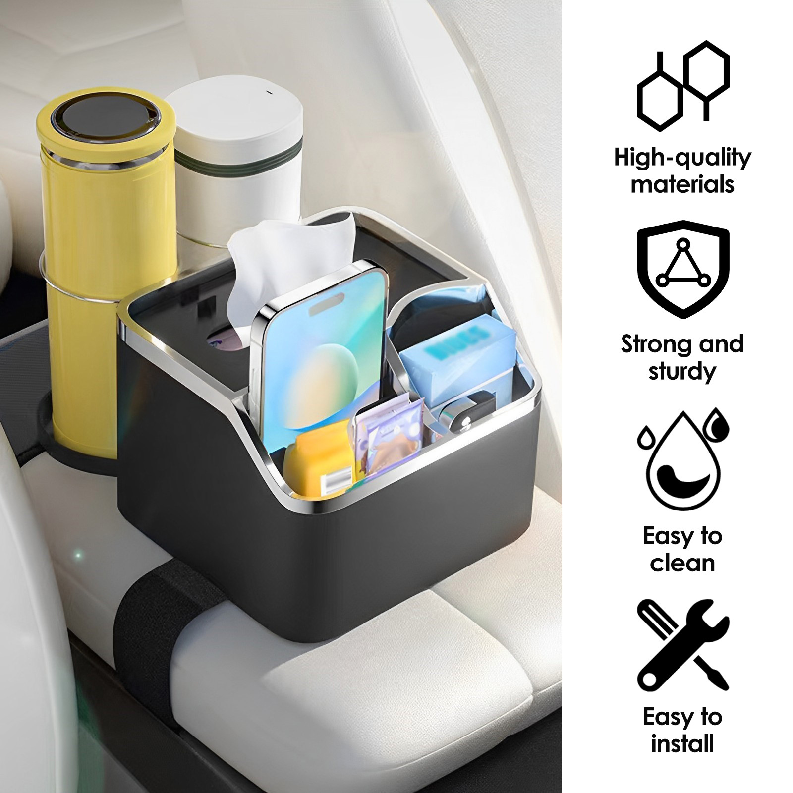 Car Armrest Storage Box Water Cup Holder, Car Tissue Box Phone Holder,  Multifunctional Universal Car Center Console Organizer with 2 Foldable Cup  Holders, Black 