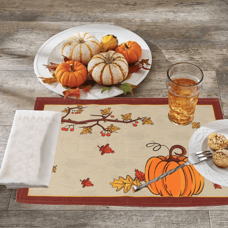 Placemats Set of 6, Fall Leaf Pumpkin Heat Resistant Dining Table