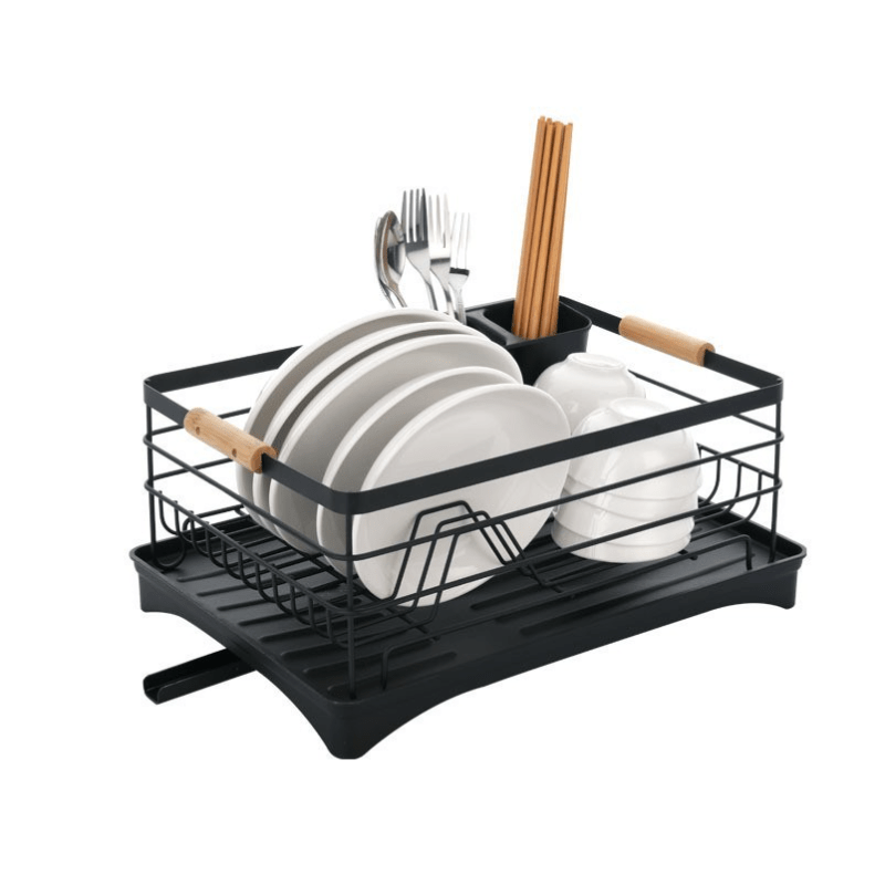 Black Dish Rack with Wood Handles