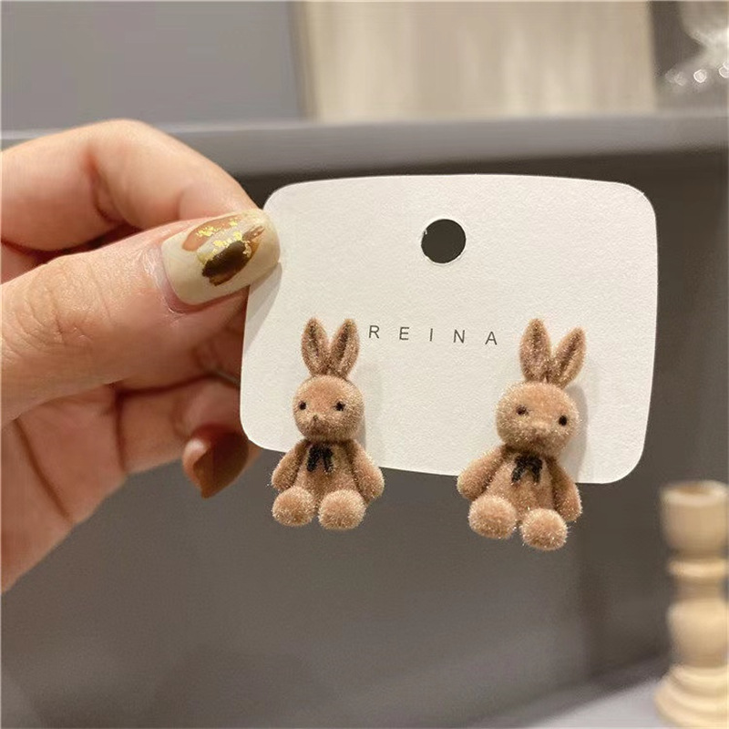 Ms Cute Plush Teddy Bear Earrings Bunny Earrings Beige Brown