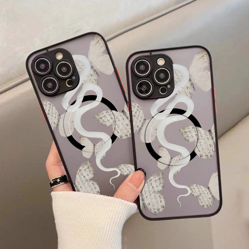 For Magnetic Wireless Charging Green Snake Pattern Luxury Phone Case For  Iphone 11 14 13 12 Pro Max Xr Xs 7 8 Plus Black Anti Slip Anti Fingerprint  Fall Car Shockproof Compatible