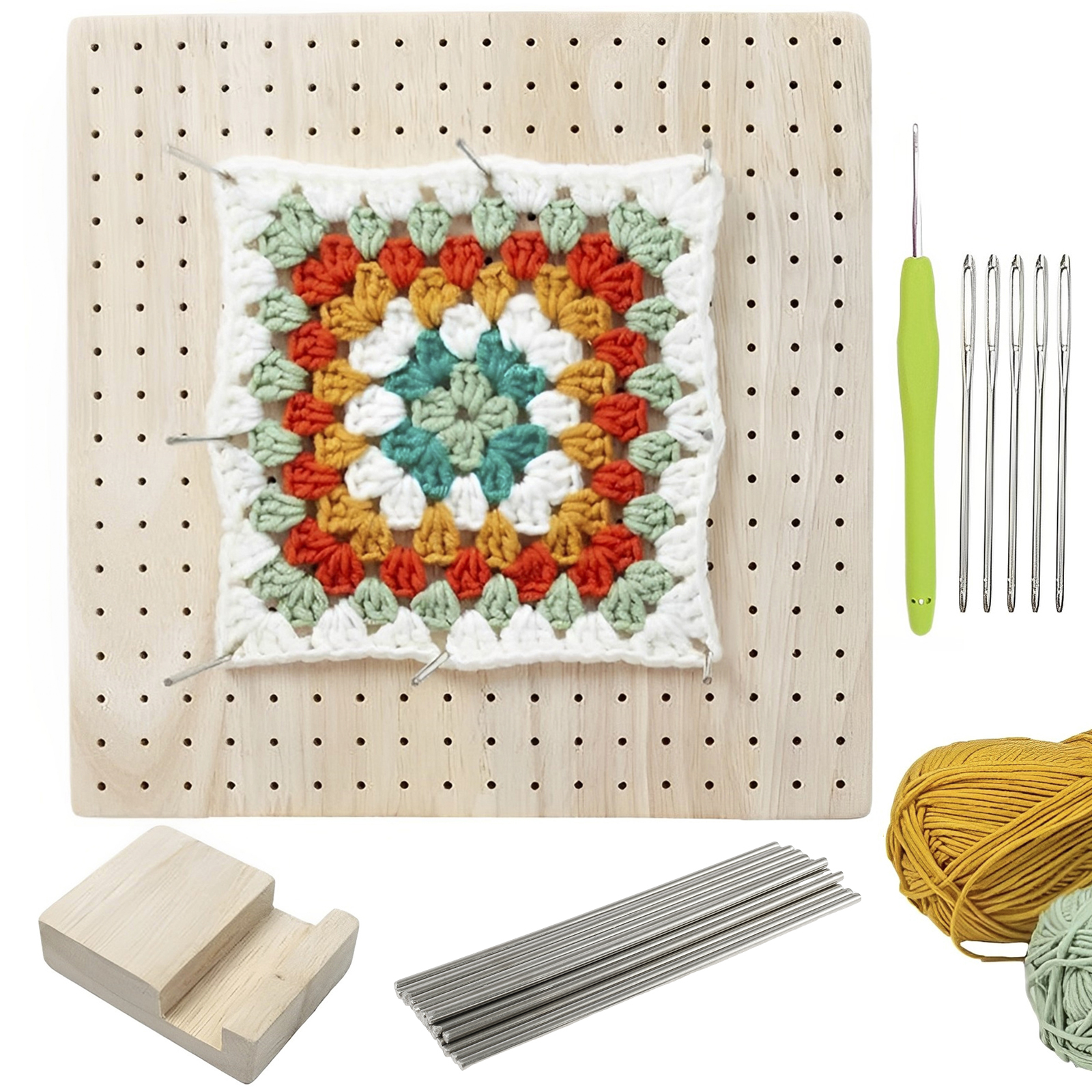  Tebery Bamboo Square Crochet Blocking Board with 20Pcs Rob Pins  for Knitting Crochet and Granny, Handcrafted Knitting Blocking Mat with 12  Colors Yarn and Knitting Base,7.8 x 7.8 inches