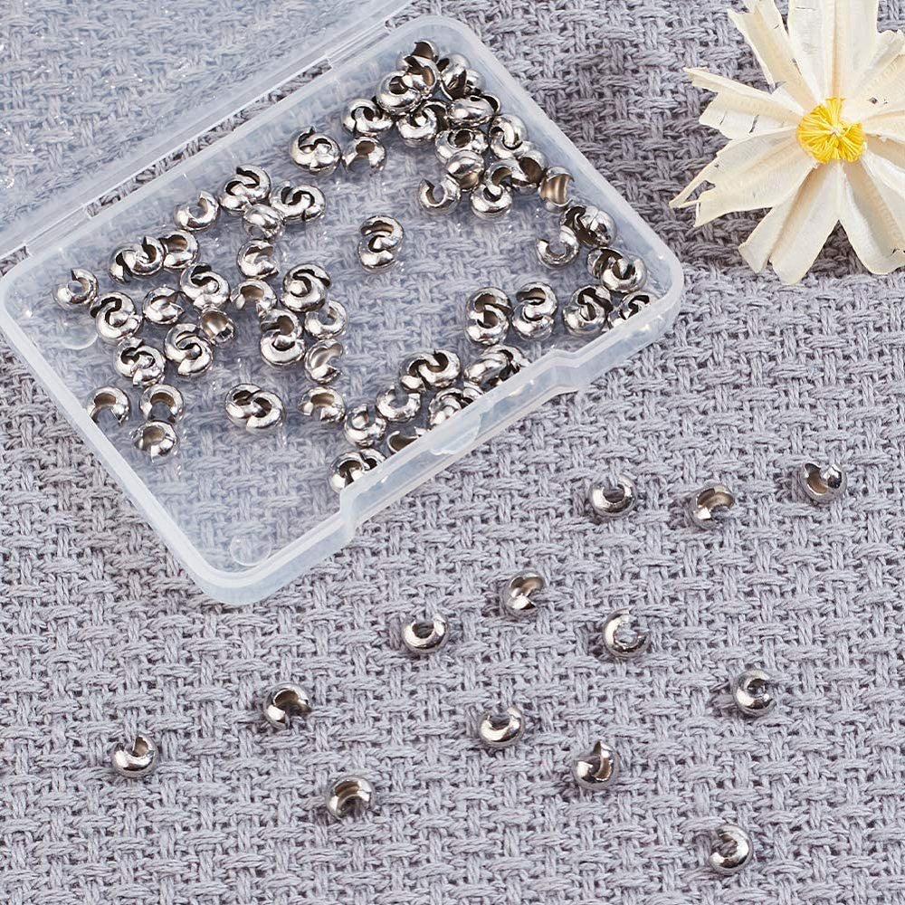 1Box/100pcs Half Round Open Crimp Beads 304 Stainless Steel Crimp Beads  Covers Beads End Tip Metal Material 5mm Diameter Beads For Women Bracelet  Neck