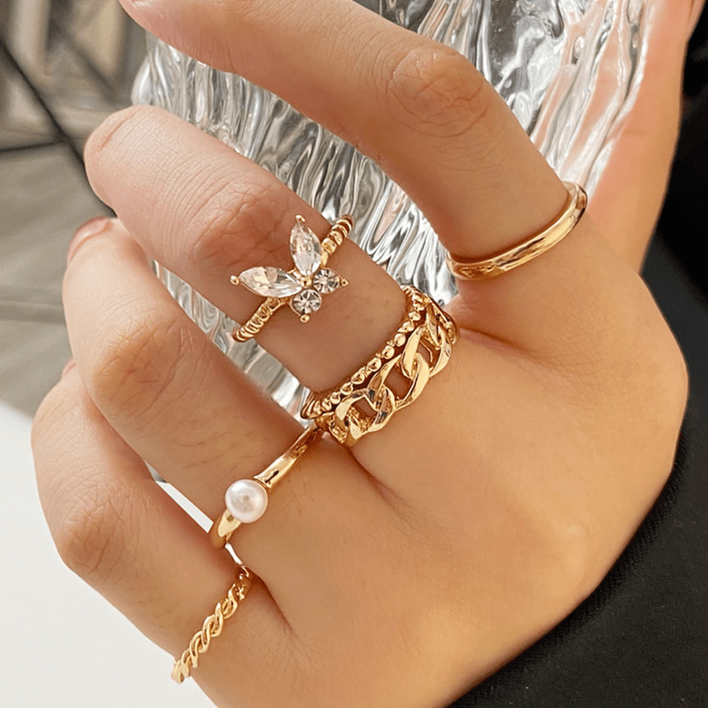 10pcs/set Golden Ring Set Rhinestone Butterfly & Faux Pearl Decor Ring  Chain Ring Elegant Hand Jewelry For Girls For Daily Decoration