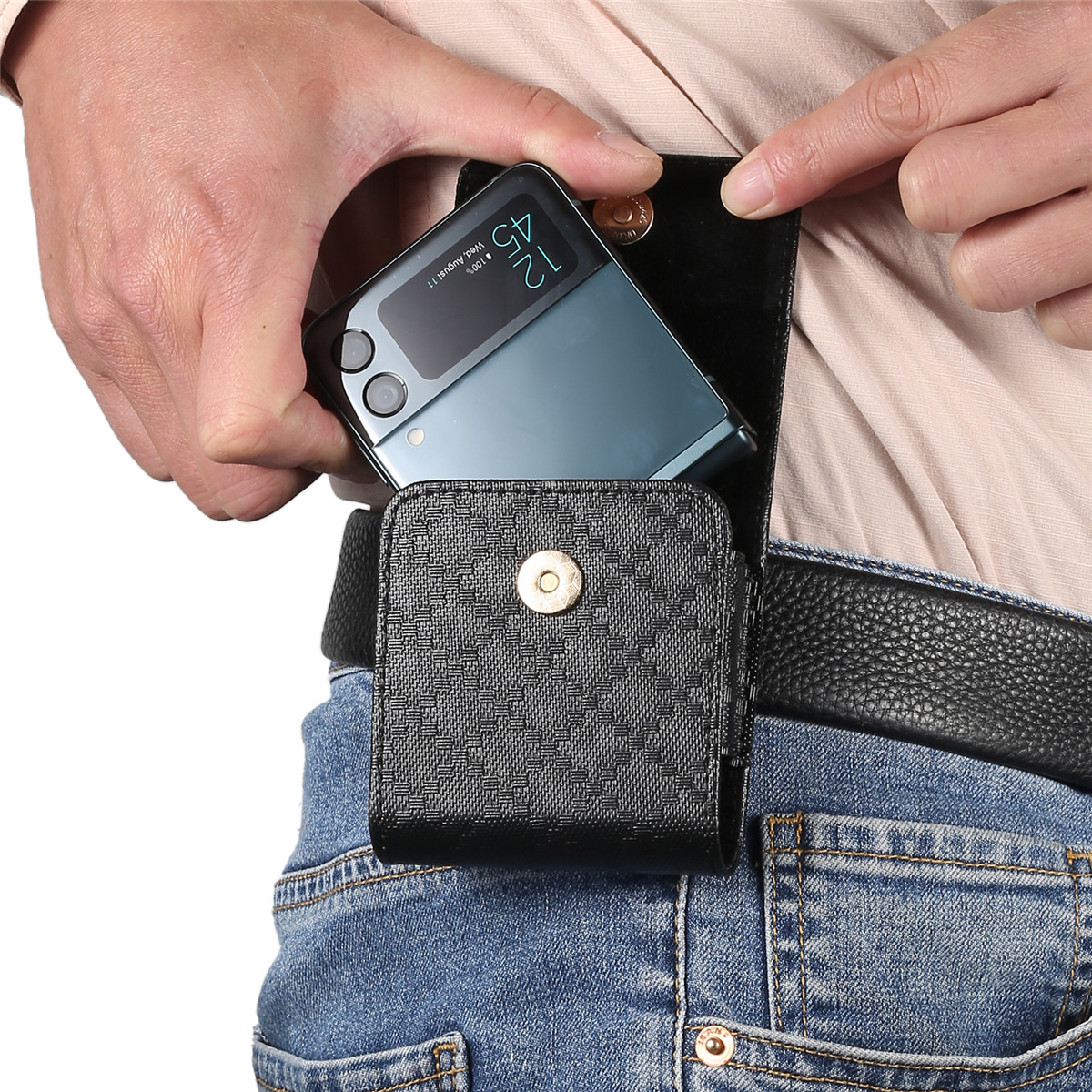 

Pu Leather Belt Pouch, Folding Screen Phone Holster, Universal Waist Bag For Samsung Galaxy Z Flip Series/oppo/vivo/ Razr, Black Textured Design, Lightweight (40g), Dimensions: 9.5x8x3cm
