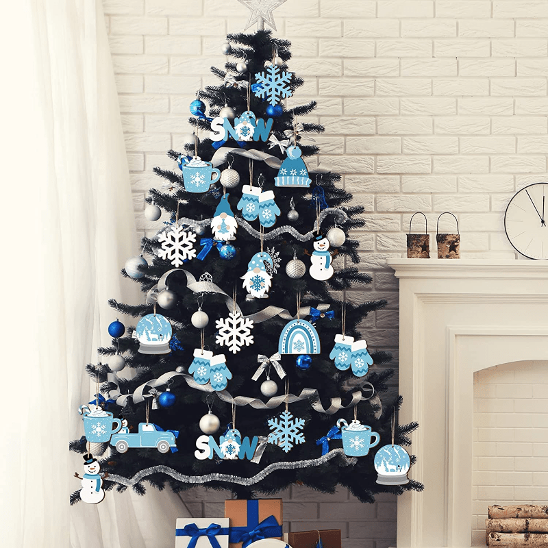 15pcs Wooden Christmas Winter Blue White Snowflake Cute Snowman Theme Party  Gathering Holiday Tree Hanging Celebration Home Decorations