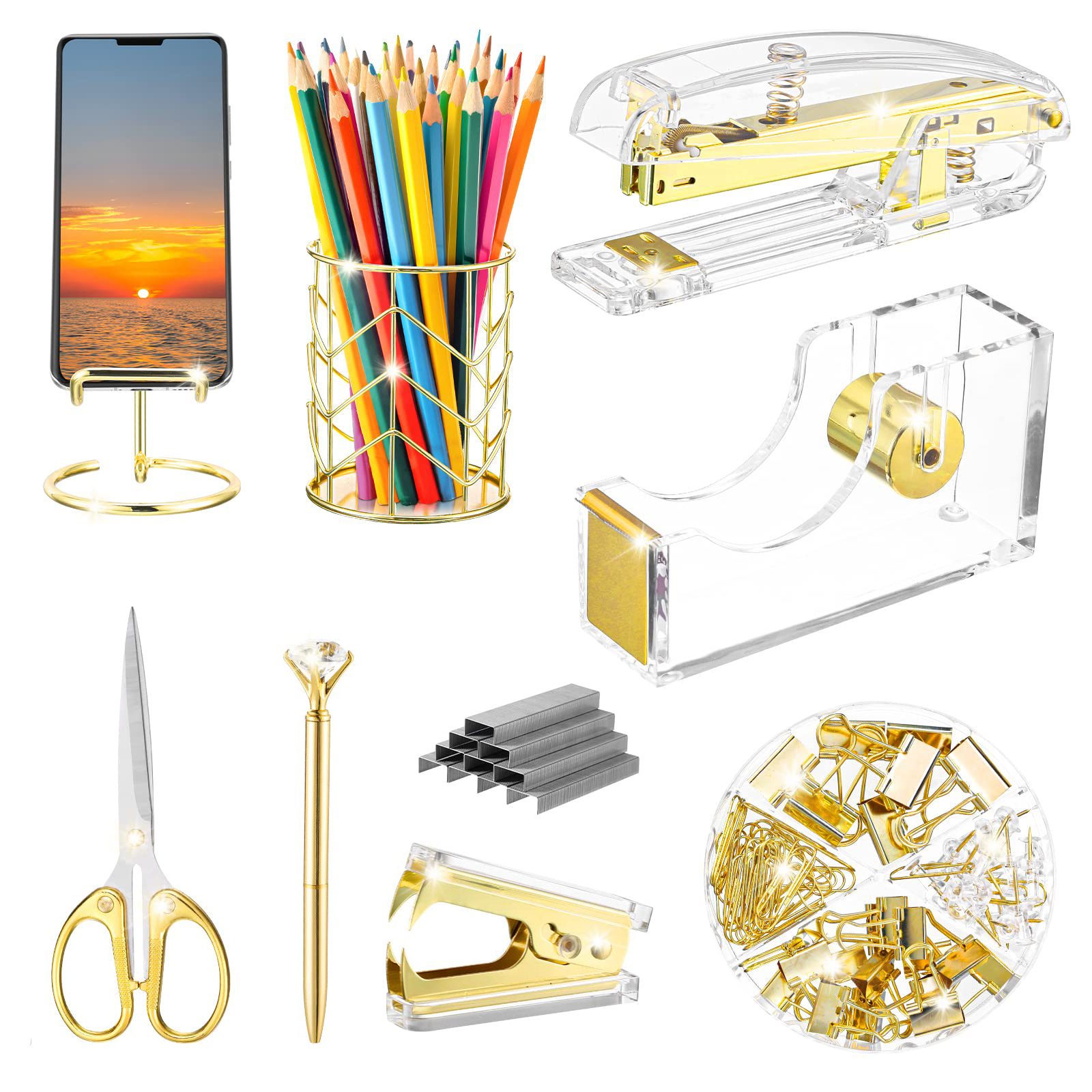 Golden Office Supplies Set, Acrylic Stapler, Staple Remover, Phone Holder,  Tape Holder, Pen Holder, Ballpoint Pen, Scissors, Binder Clips, And Staples