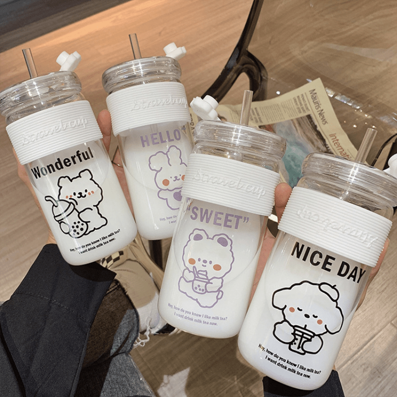 1pc Candy Color Summer Iced Coffee Cup Plastic Straw Tumbler Large Capacity  Handy Mug Girl's Heart Water Cup With Straw Drinkware