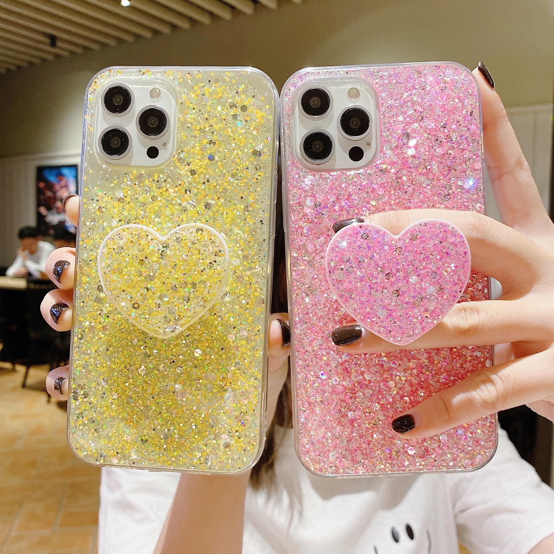 Korea Cute Pink Letter Glitter Makeup Mirror Phone Case For iPhone 14 13 12  11 Pro Max Ins Luxury Plating Soft Shockproof Cover