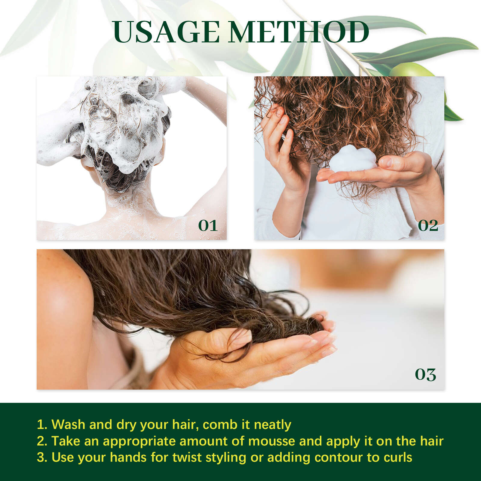 Olive Hair Styling Mousse for Curls & Smooth Hair
