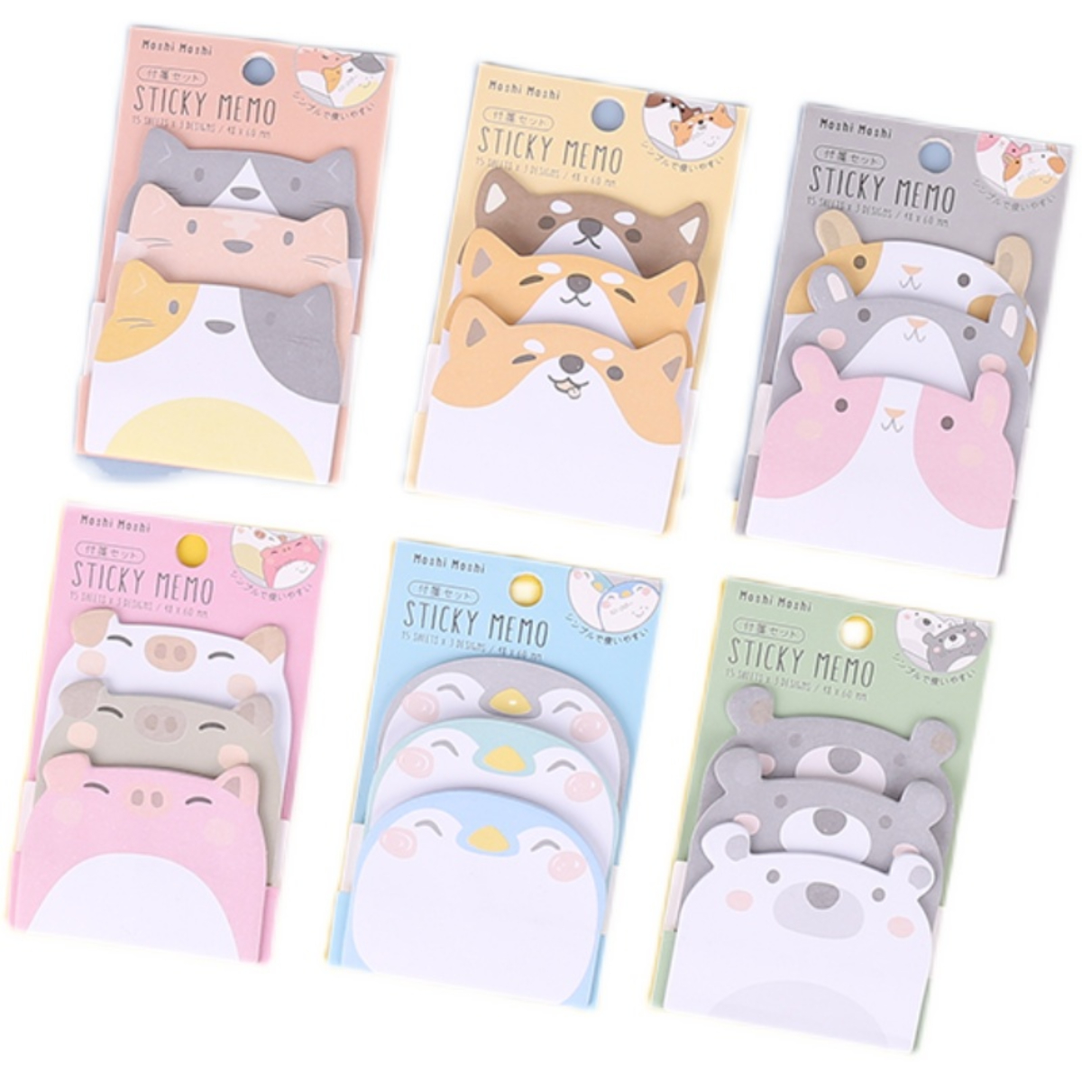 Cute Sticky Notes, 6 Pack Cartoon Self-Stick Notes Cute Animal Memo Pads  Cute Po