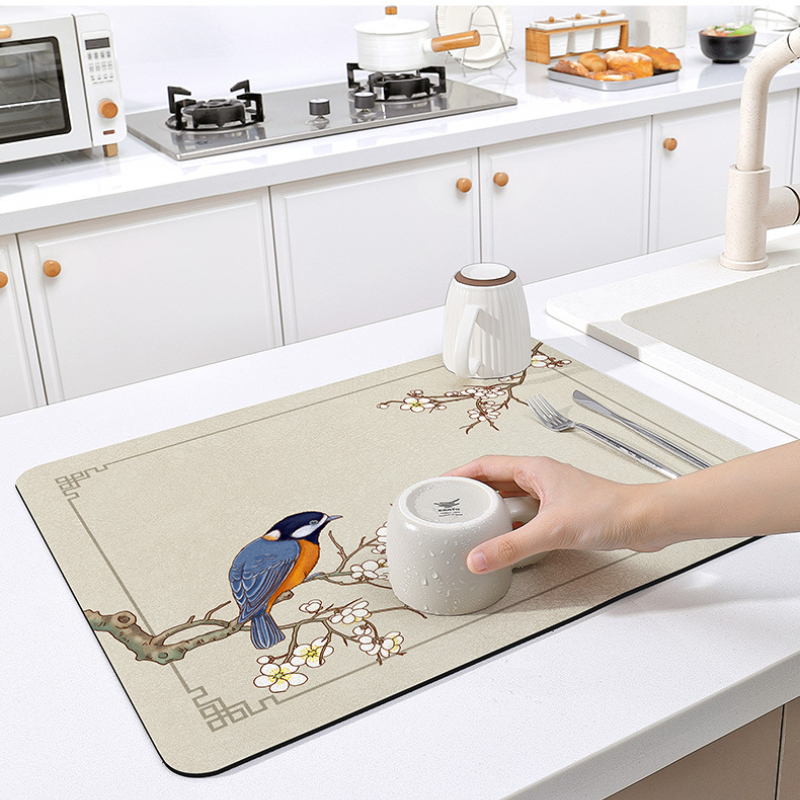 Floral Dish Drying Mat, Soft Rubber Draining Pad, Non-slip Super