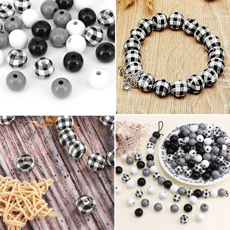 Printed Wooden Beads Black White Plaid Balls Beads Fashion - Temu