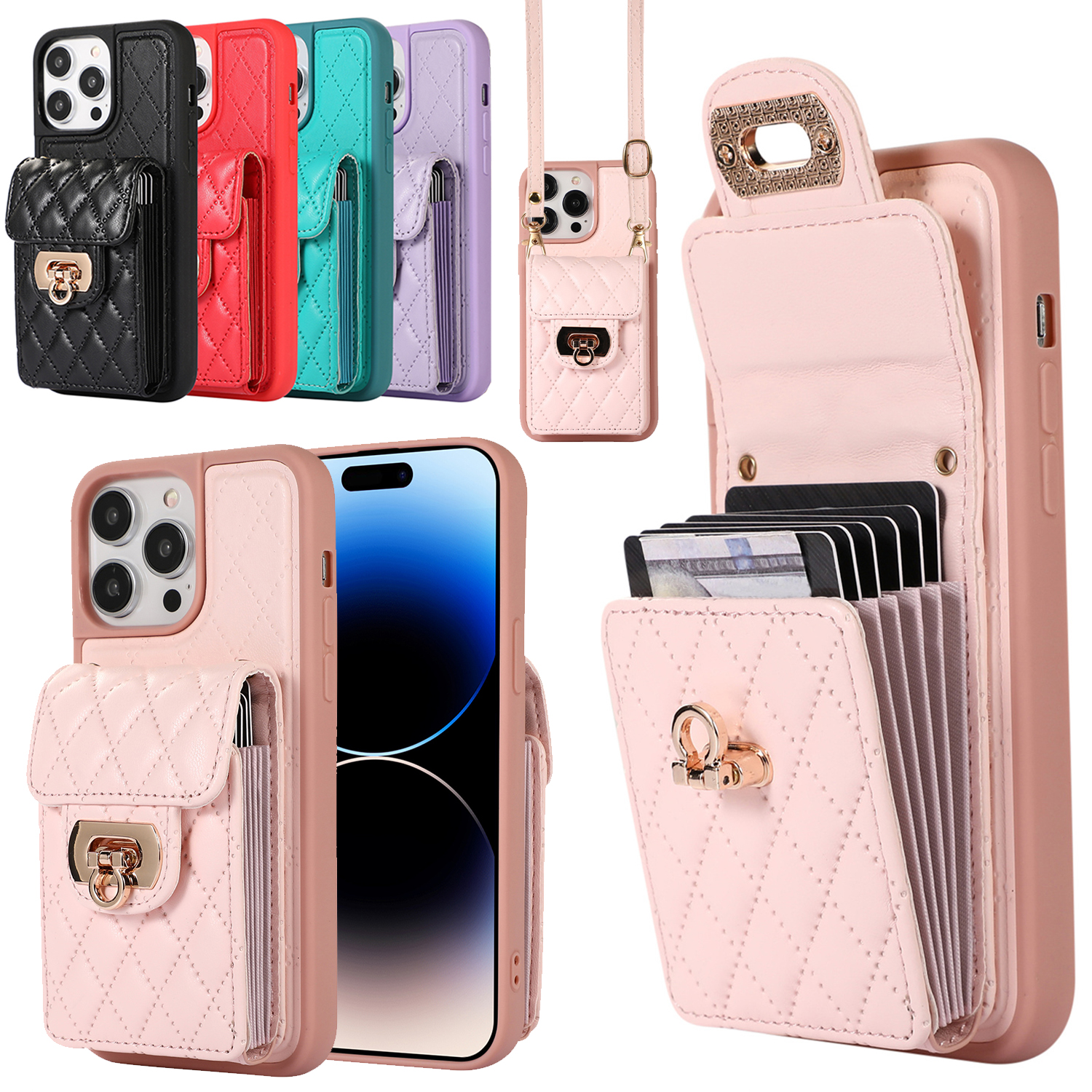 Crossbody Phone Case for iPhone 15 14 Plus 13 12 11 Pro Max Wallet Leather  Cover with Card Slot Holder Adjustable Shoulder Strap