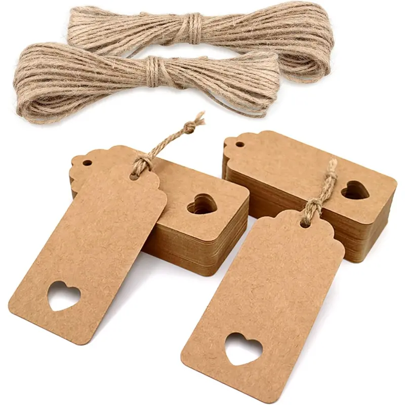 100 Pcs Brown Hollow Heart Kraft Paper Gift Tags Rectangular Wedding Favor Tags and Price Tag with 100 Feet Jute Twine for Luggage Tags and DIY Tags