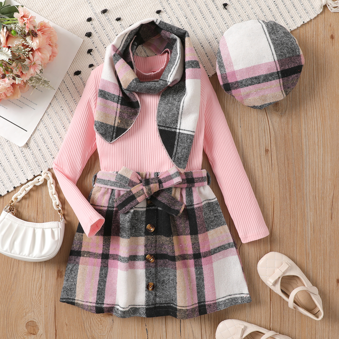 

4pcs Kid Girl 95% Cotton Elegant Ribbed Solid Round Neck Long-sleeve Top And Plaid Bow Belted Skirt & Hat & Scarf Set For Spring & Autumn/fall
