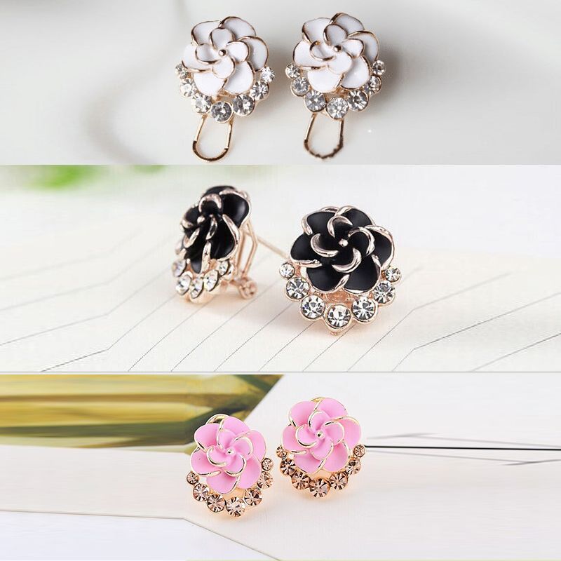  Fashion jewelry floral design rhinestone camellia earrings  studs for women : Clothing, Shoes & Jewelry