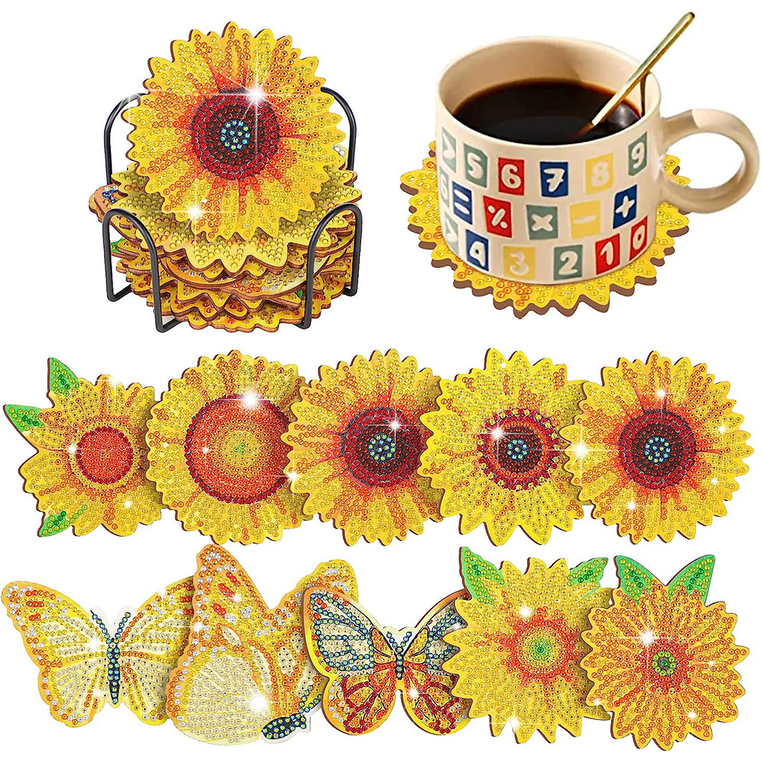 Sunflower Diamond Painting Coasters Kits With Holder Diy - Temu