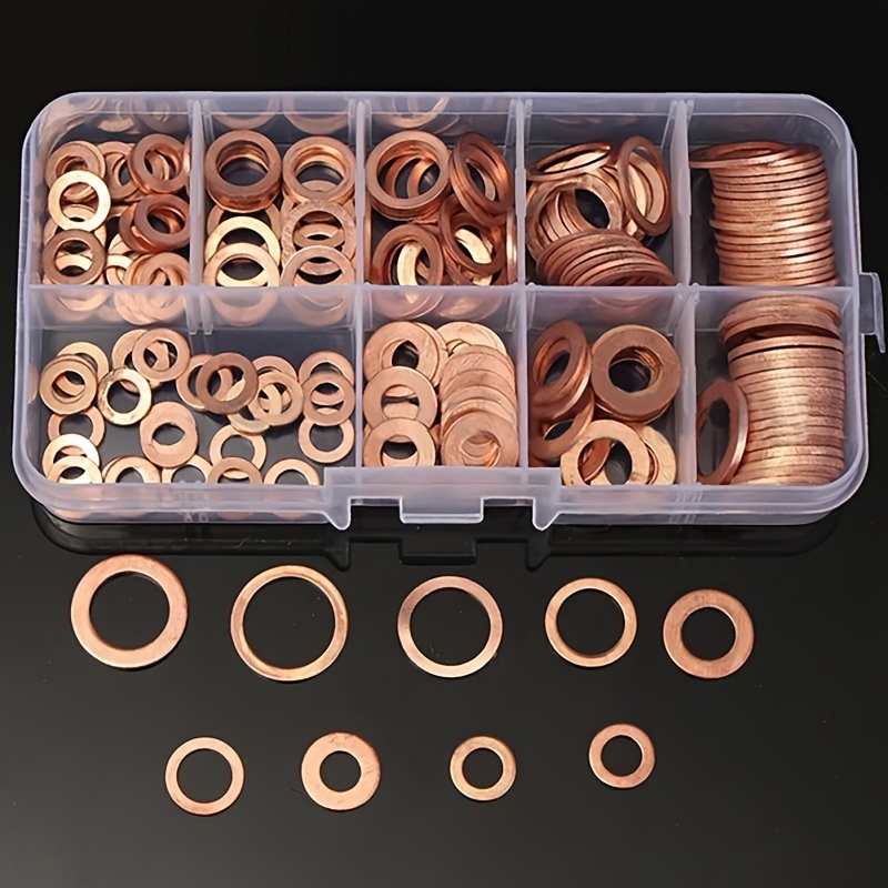 200pcs arandela de cobre junta de drenaje surtido kit de cobre, arandelas  de metal con caja