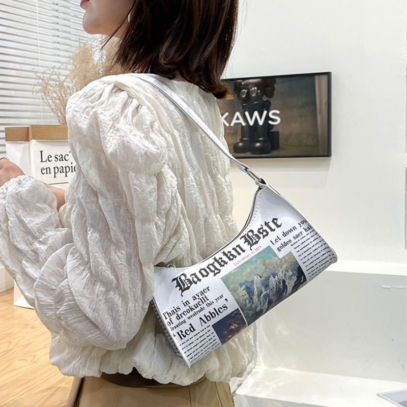 Newspaper Pattern Baguette Bag Zipper Shoulder Bag