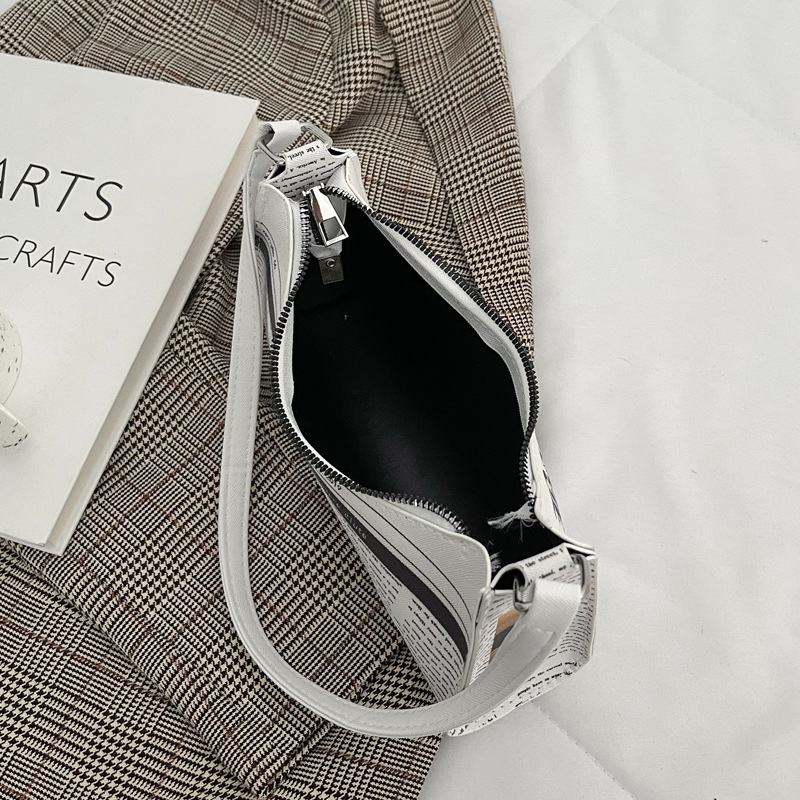 Newspaper Pattern Baguette Bag Zipper Shoulder Bag