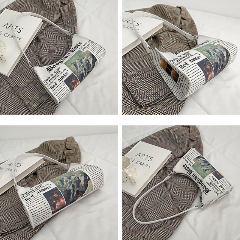 Newspaper Pattern Baguette Bag Zipper Shoulder Bag