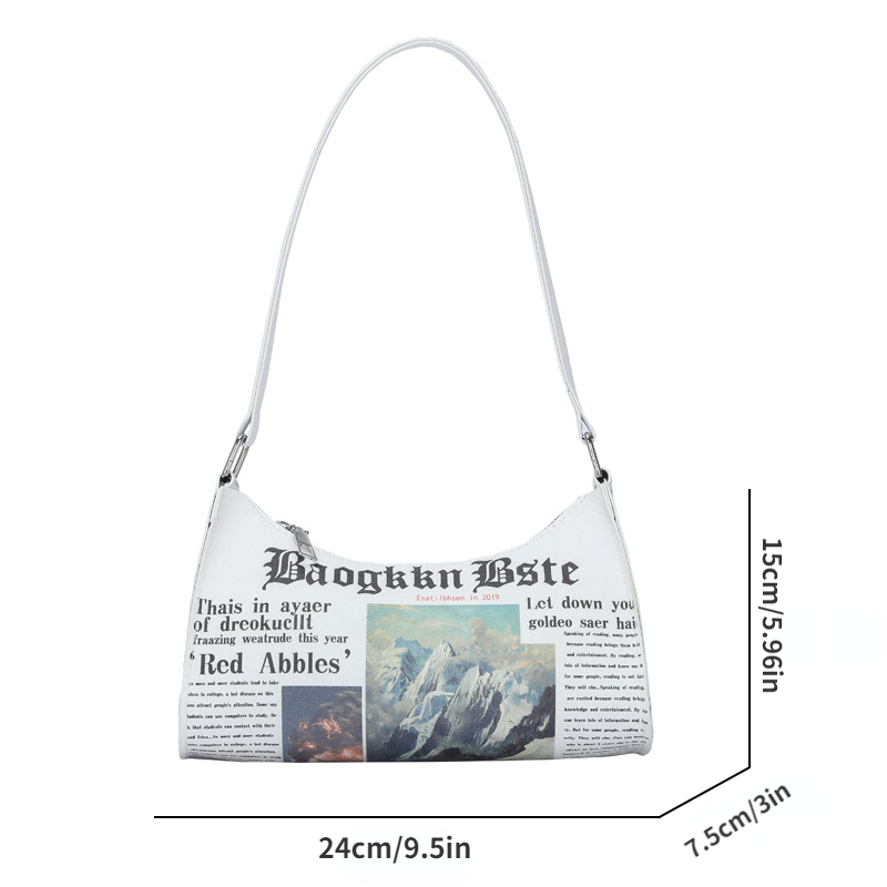 Newspaper Pattern Baguette Bag Zipper Shoulder Bag