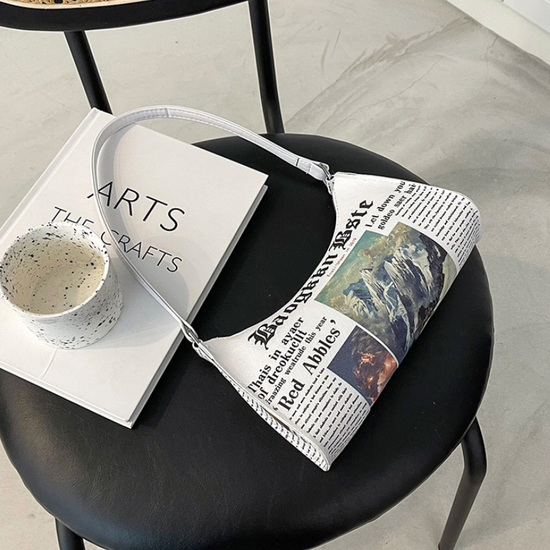 Newspaper Pattern Baguette Bag Zipper Shoulder Bag