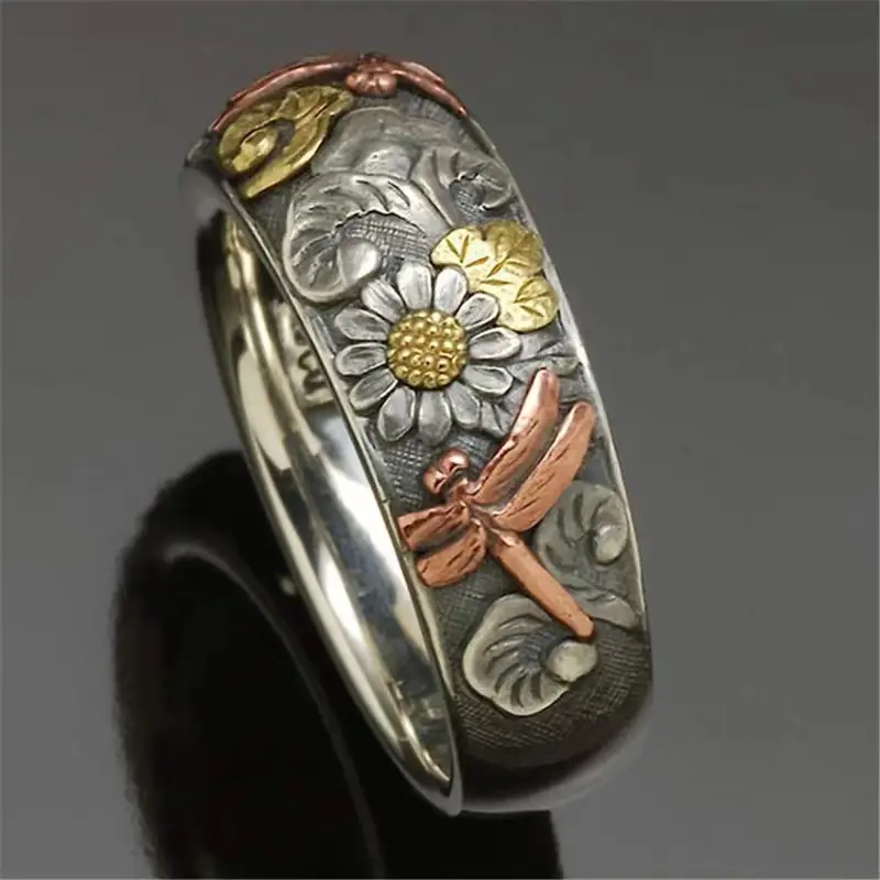 Vintage Carved Ring Flower Dragonfly Sunflower Ring Alloy - Temu
