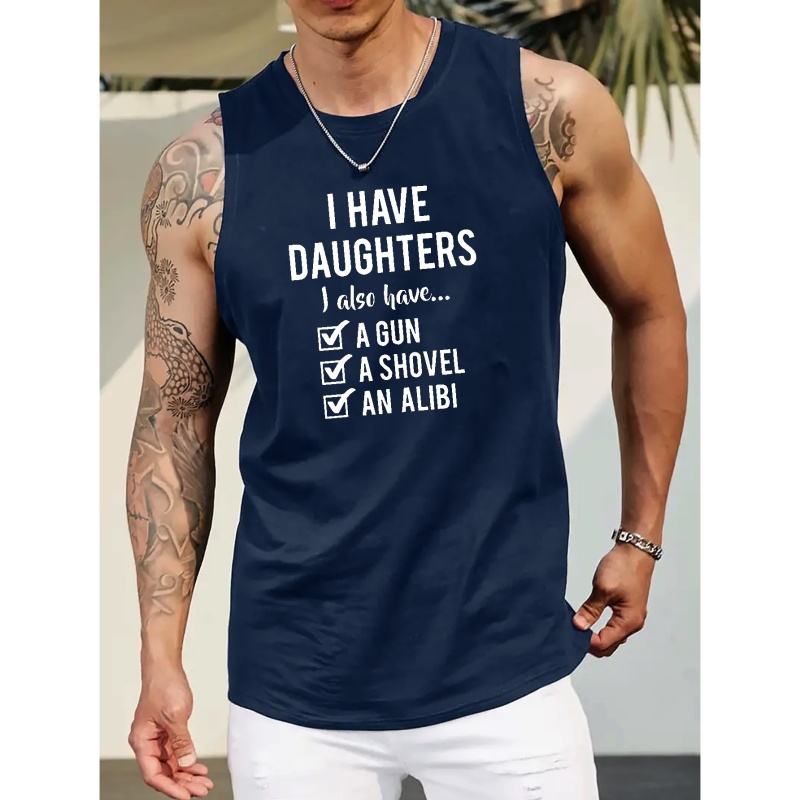 Plus Size Men's "I Have Daughters" Graphic Print Tank Top, Summer Trendy Sleeveless Tees Oversized Tops For Big & Tall Guys, Men Clothing